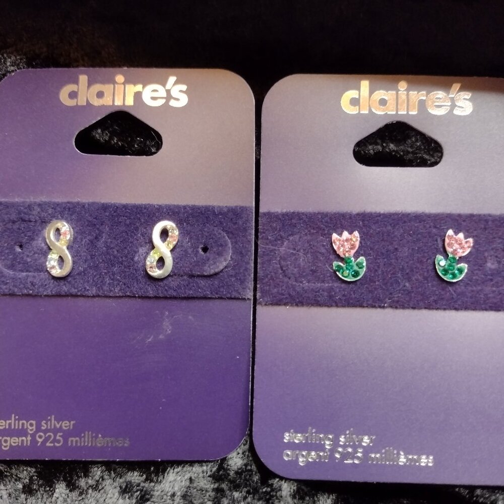 New Claires 2 Pair Infinity Tulips Flower 925 Sterling Silver Stud Cute Earrings
